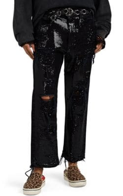 Sequin-Detailed Distressed Boyfriend Jeans