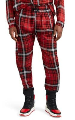 Plaid-Silk-Layered Jogger Pants