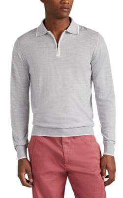 Zip-Front Wool Long-Sleeve Polo Shirt
