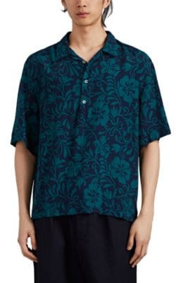 Hibiscus-Print Plain-Weave Popover Shirt