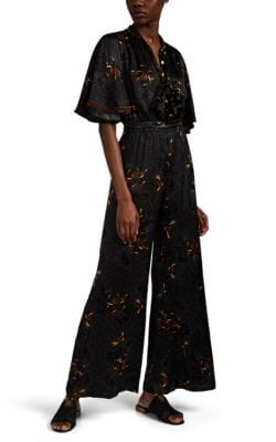 Beatrix Velvet-Trimmed Floral Satin Jumpsuit