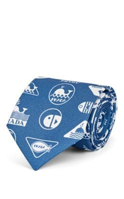 Whale-&-Fish-Motif Silk Twill Necktie