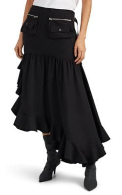 Crepe Asymmetric-Ruffled-Hem Skirt