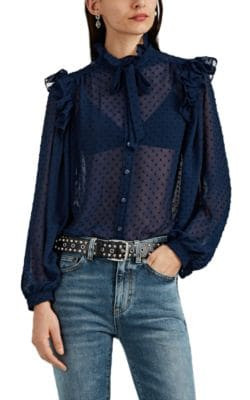 Ruffle-Trimmed Swiss Dot Chiffon Button-Front Blouse