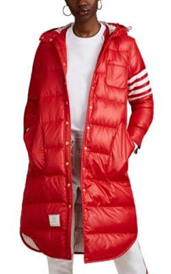 Block-Striped Down Hooded Puffer Coat
