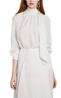Kimono-Print Silk Tieneck Blouse