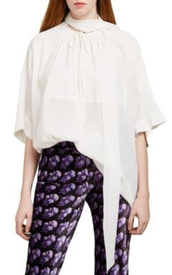 Crinkled Silk Chiffon Tieneck Blouse