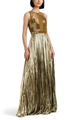 Embellished PlissÃ© LamÃ© Gown