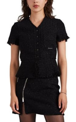 Metallic Wool-Blend Tweed Short-Sleeve Jacket