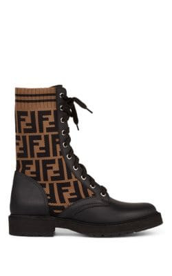 Logo Knit & Leather Combat Boots