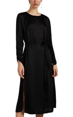 Ruched-Sleeve Satin Midi-Dress