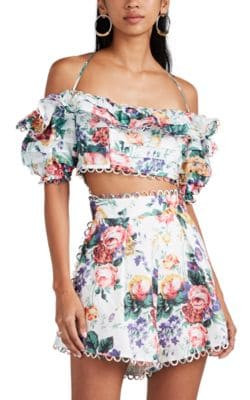 Allia Floral Linen Off-The-Shoulder Crop Top