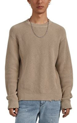 Distressed Rib-Knit Cotton Sweater