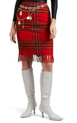 Fringe Plaid Wool Flannel Skirt