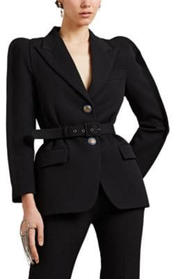 Rounded-Shoulder Twill Belted Blazer
