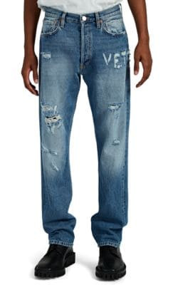 Distressed-Logo Straight Jeans