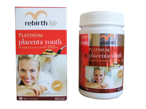 Rebirth Platinum Placenta Youth with Q10, Grape Seed, EPO 3000mg 60 Capsules