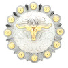 Front side steer head concho in 1-1/2" size with a screw back attachment.