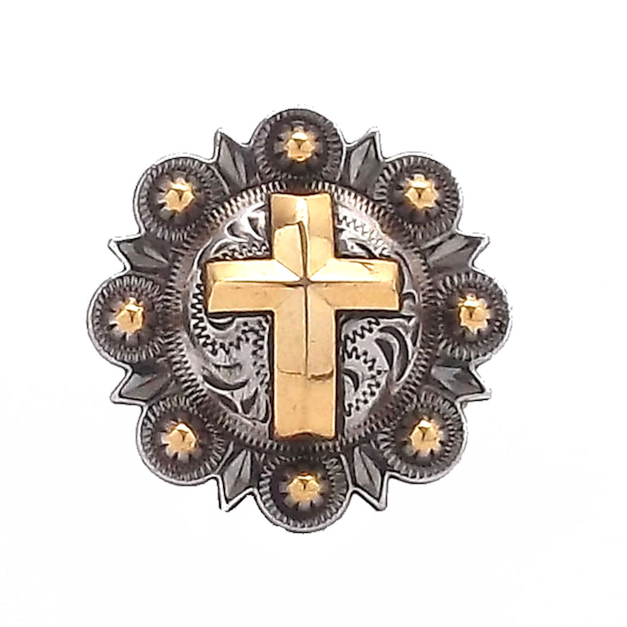 Cross berry 1" concho finished in antique nickel and rose gold.