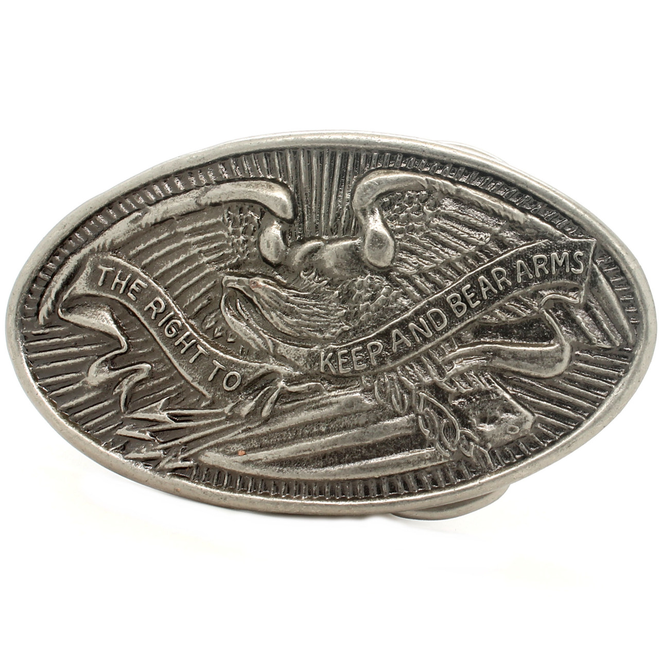 Bear Arms trophy buckle antique nickel front.