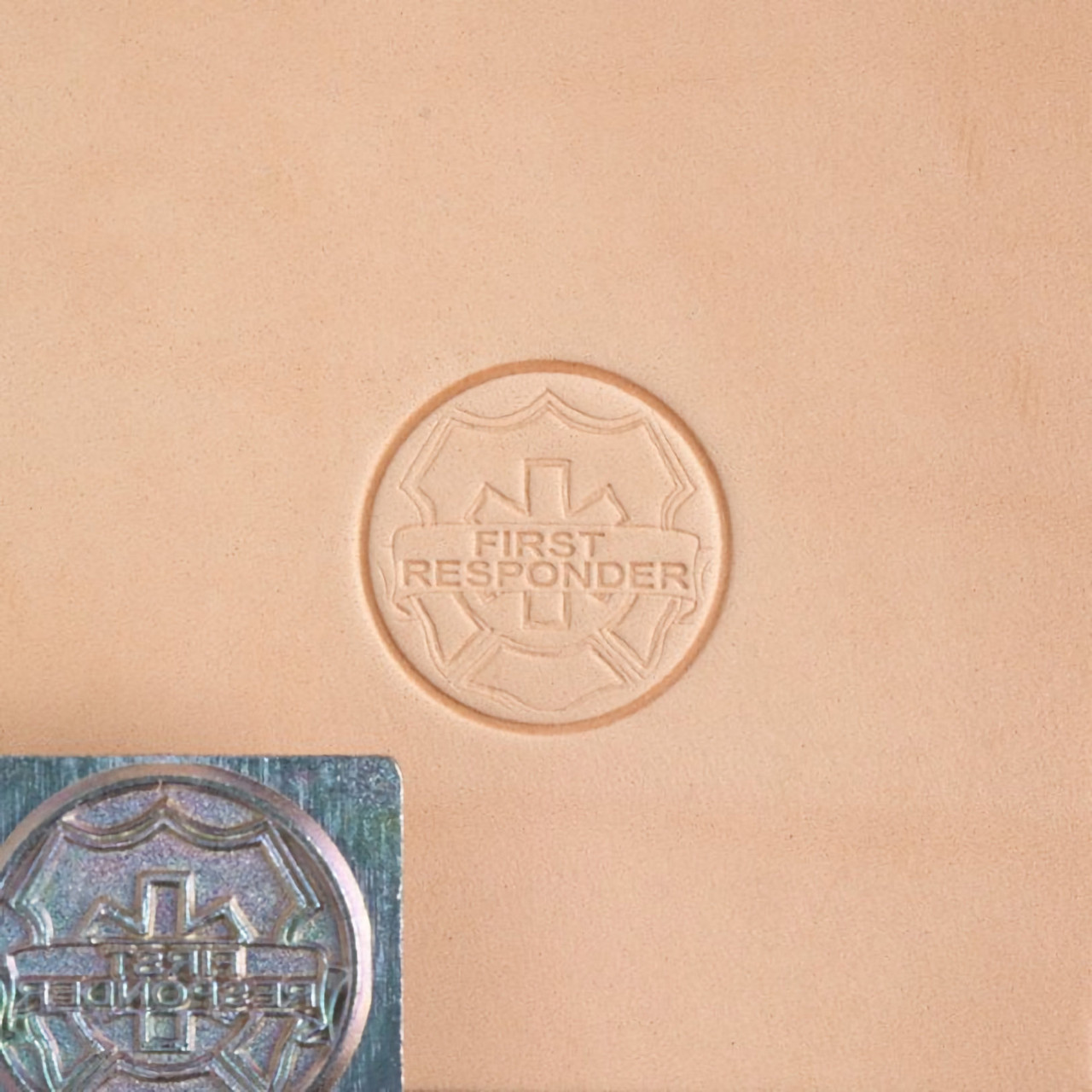 First responder metal leather stamp with impression.