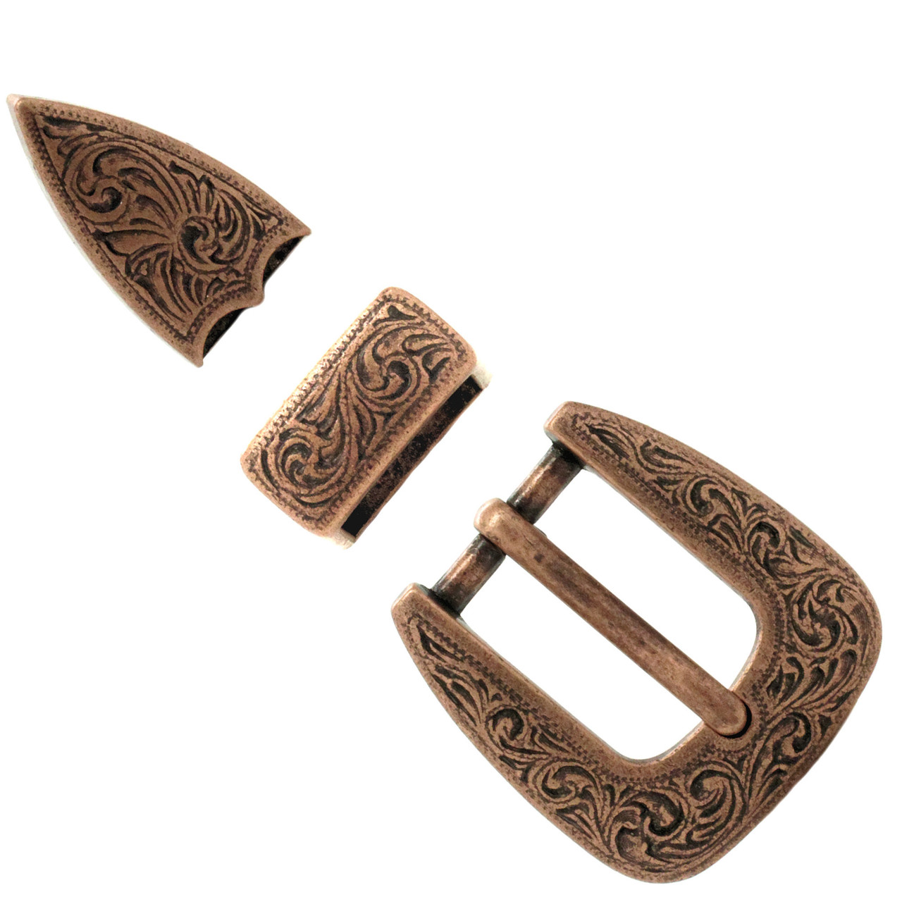 Engraved Filigree Buckle, Keeper And Tip Set Copper 3/4" 