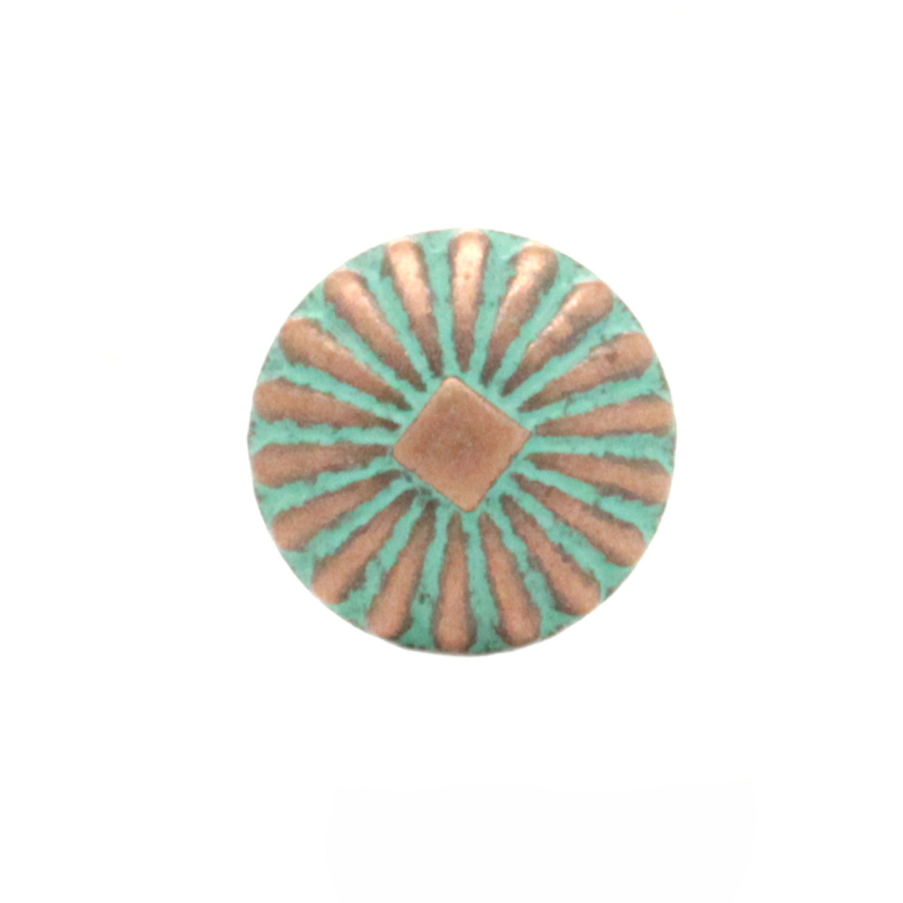 Sunburst Diamond Metal Button Copper Patina 7/8" Front