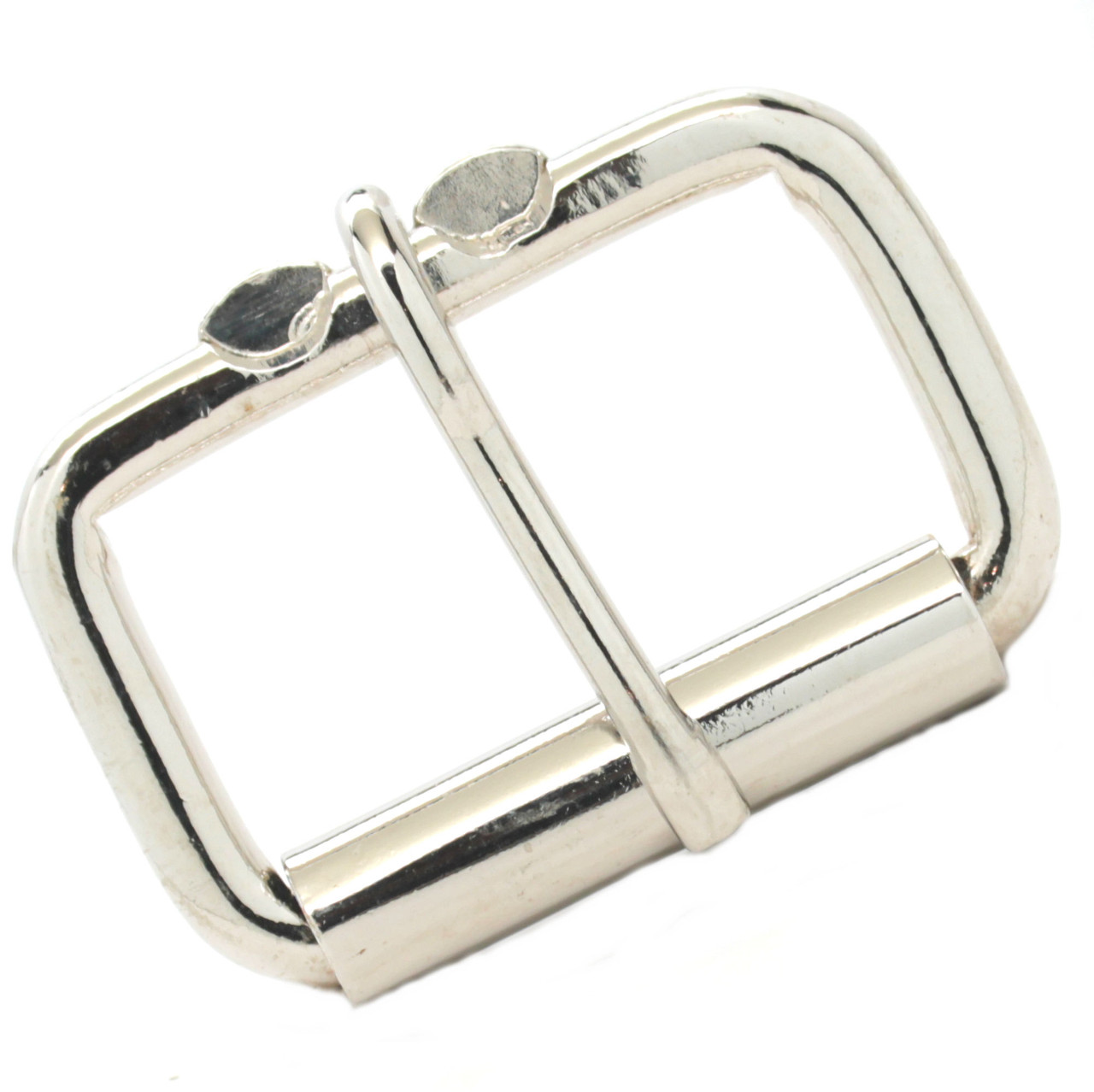 Nickel single prong roller buckle front side.
