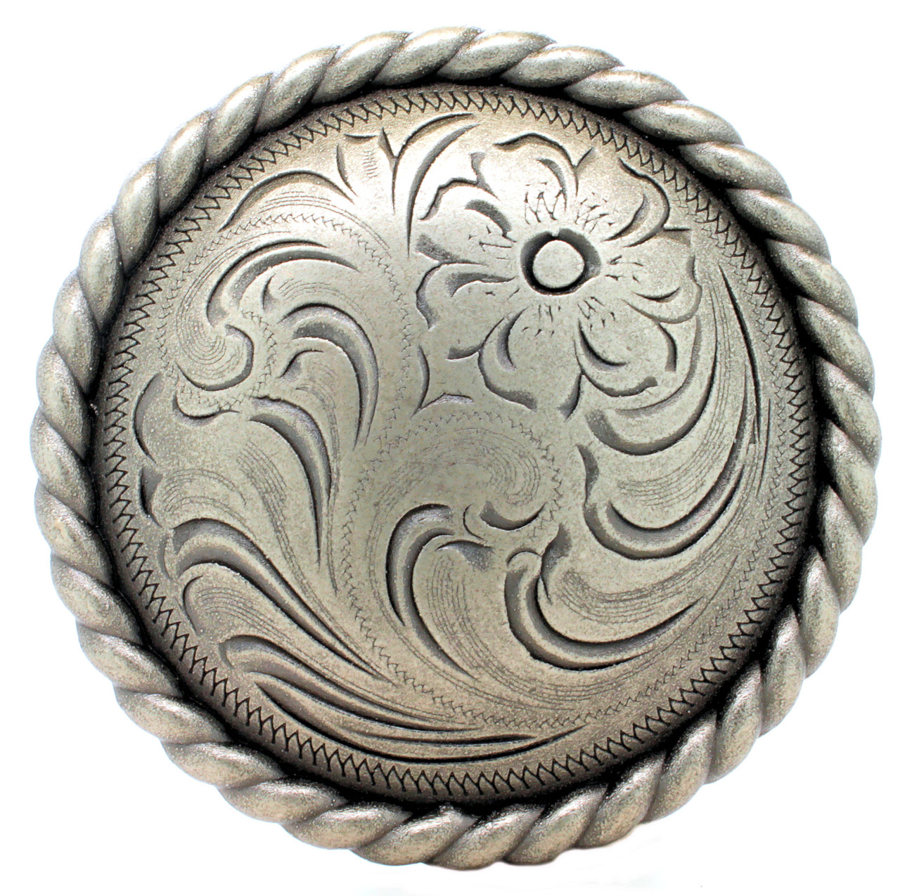 Large medallion antique nickel concho front.