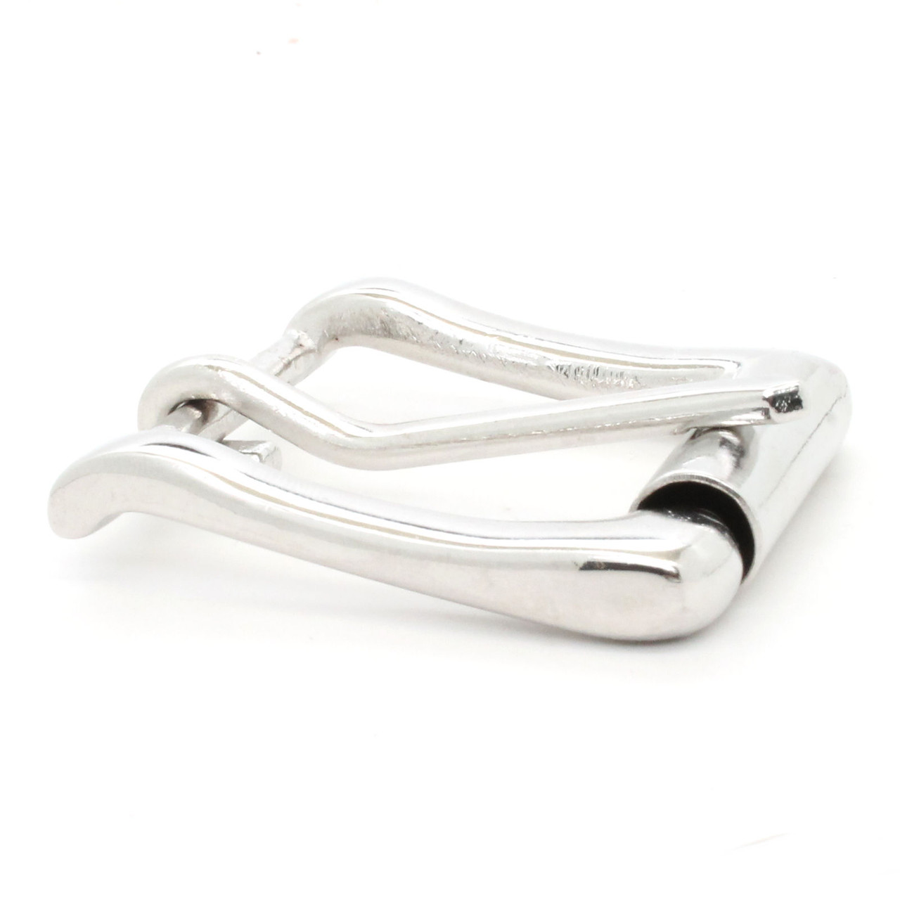 Side view of the shiny nickel wave roller buckle.