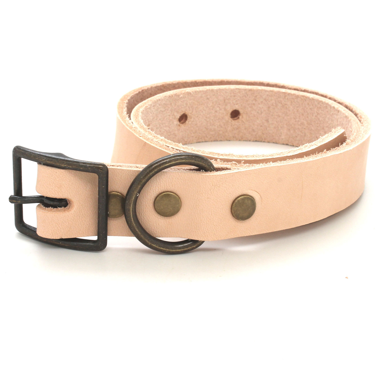 Top of antique brass dee with same rivets and buckle.