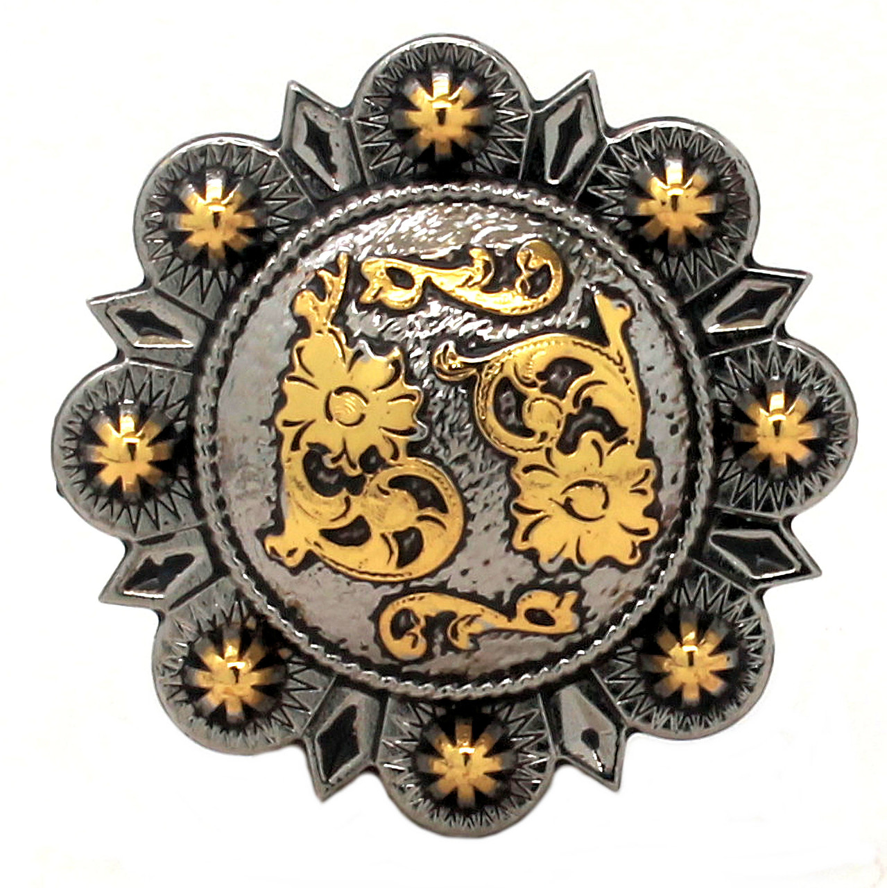 Silver and rose gold 1-1/2" diameter screwback concho front.