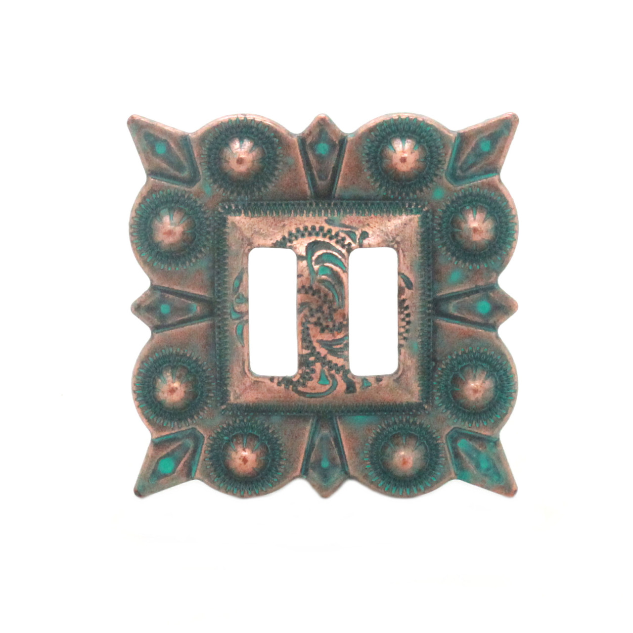 Slotted concho square copper patina 1 inch front.