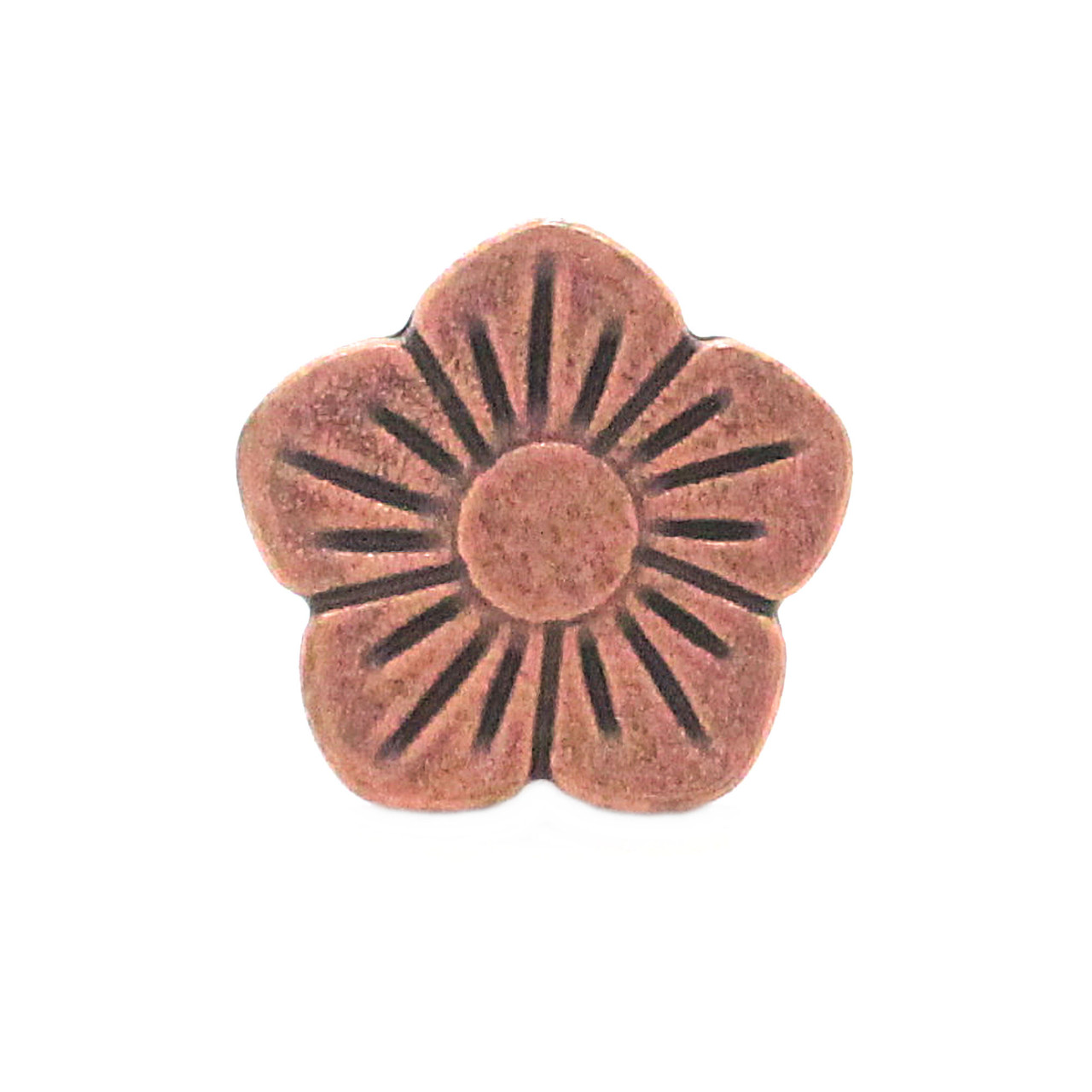 Front of a flower petal antique copper concho.