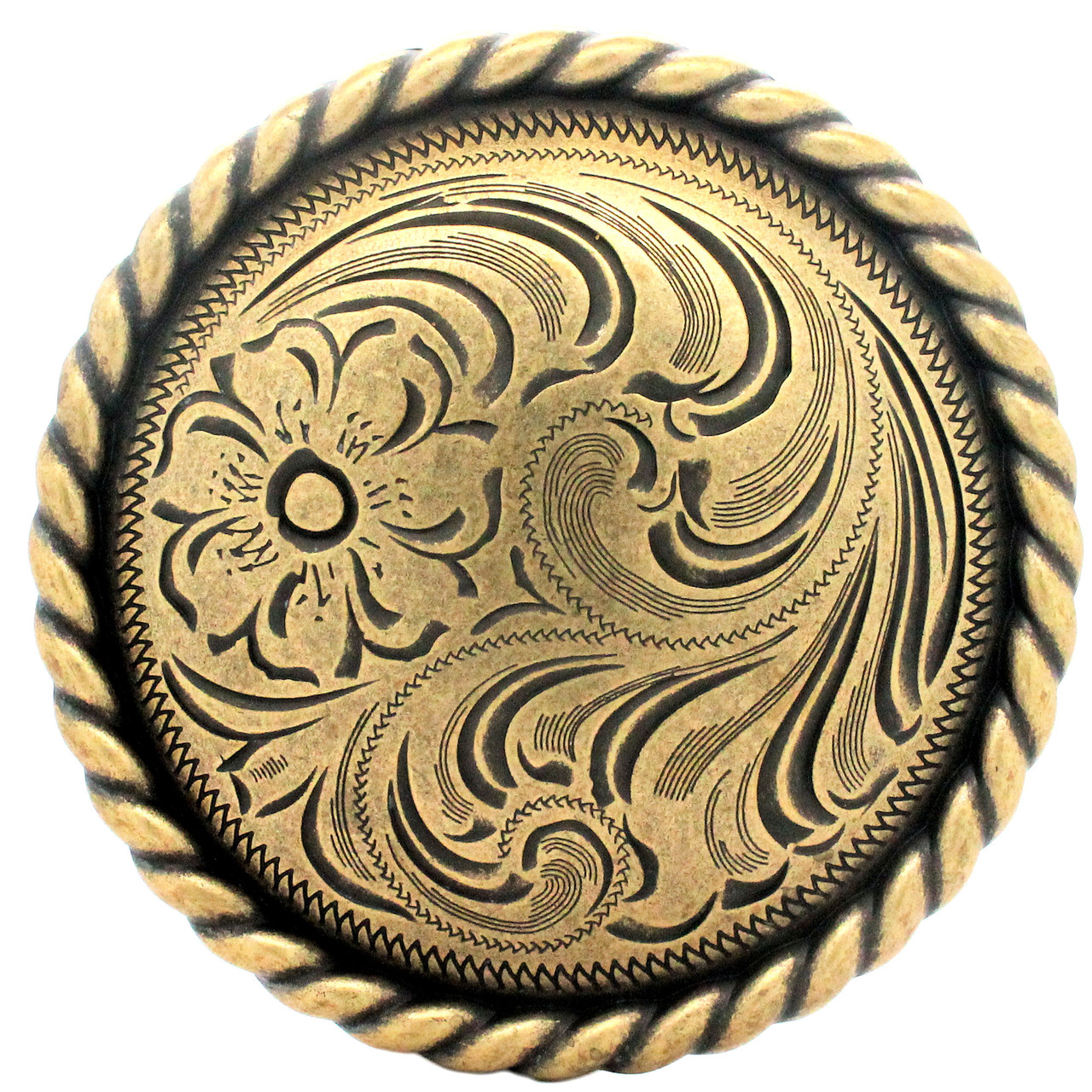 Rope edge medallion concho in antique brass plating front side.