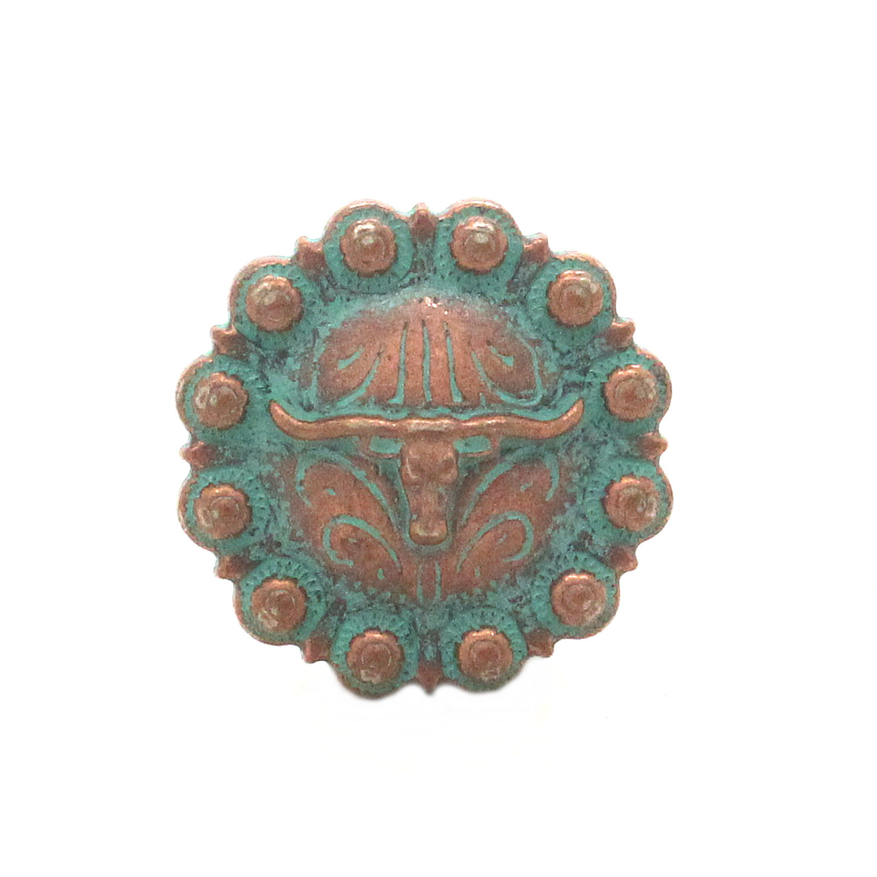 Steer concho in size 1" finished in copper patina front.