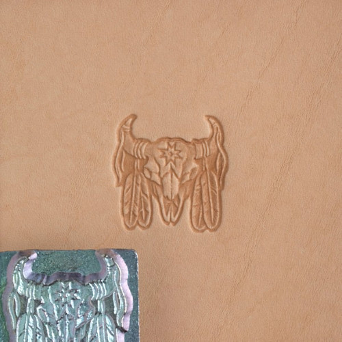 Buffalo skull stamp and its leather impression.