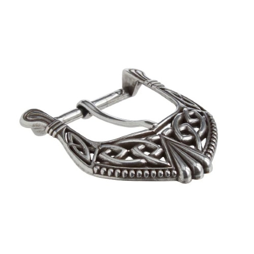 Celtic buckle finished in antique nickel looking from the side.