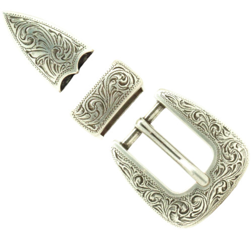 Engraved Filigree Buckle, Keeper And Tip Set Antique Nickel 3/4" 