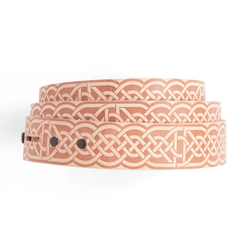 Rolled Celtic embossed belt leather.