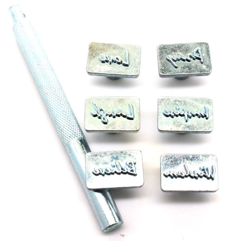 6 metal stamps along with the interchangeable stamp handle. 6 metal stamps along with the interchangeable stamp handle.