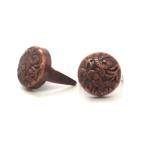 Solid brass flower embossed round spots finished in antique copper.