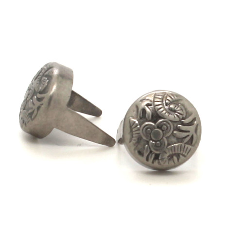 Solid brass flower embossed round spots finished in antique nickel.