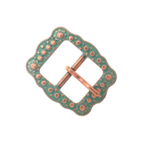 Front side of the 5/8" copper patina sunburst buckle