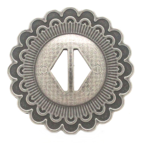 Southwest antique nickel slotted concho front.