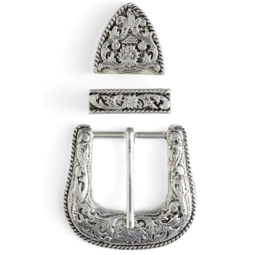 A antique silver plated 3-piece buckle set for 1-1/2" wide belt.