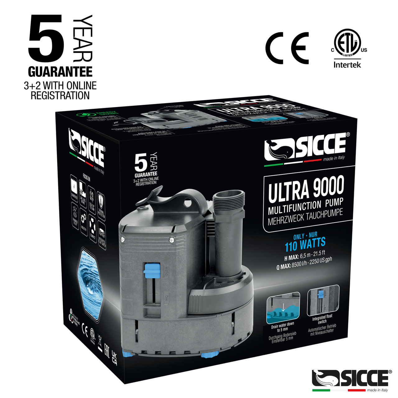 Sicce 1/2 HP ULTRA 9000 Automatic Water Pump Submersible 2245 GPH
