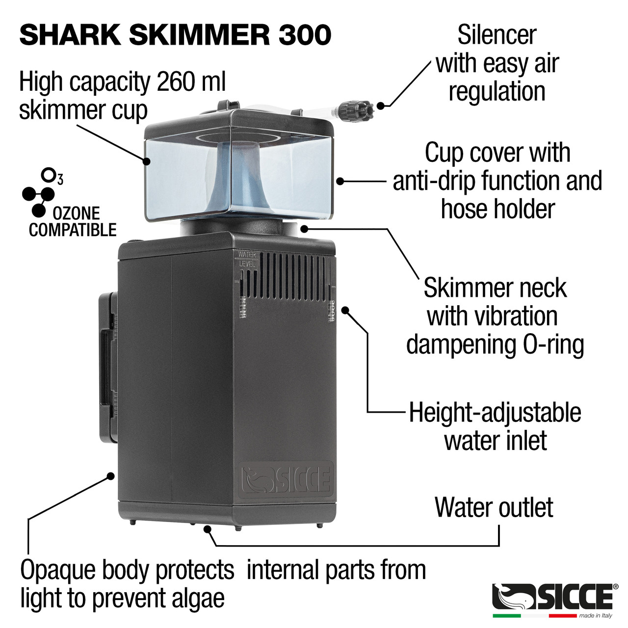 Shark Protein Skimmer 300 (Up to 80 Gallons) - Sicce