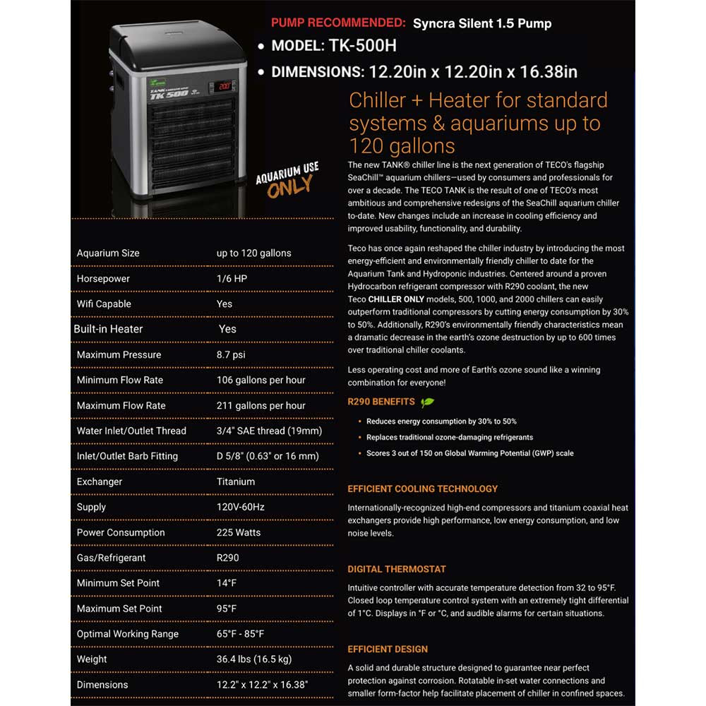 TECO SeaChill TK500H 1/6 HP Aquarium Chiller + Heater Combo (Up to