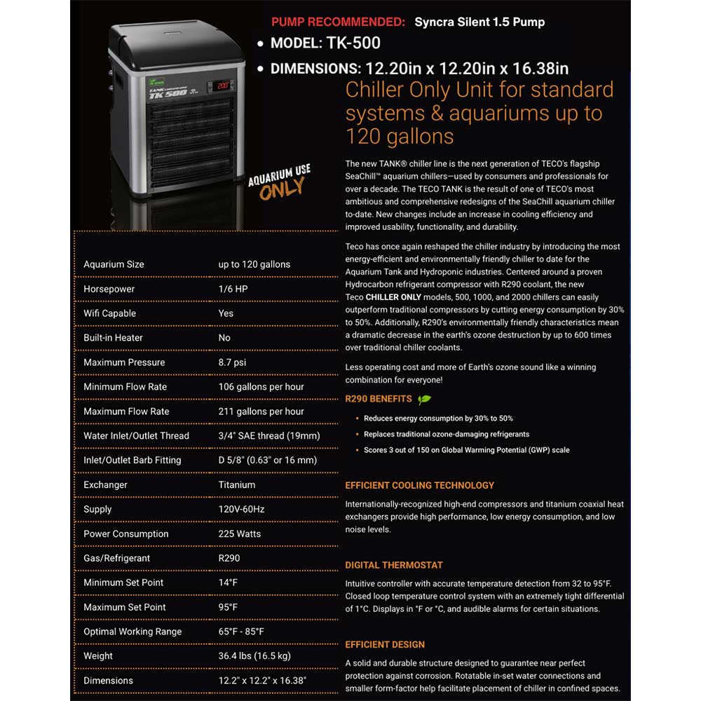 OPEN BOX) TECO SeaChill TK500 1/6 HP Aquarium Chiller (Up to 120